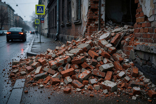 Pile of red brick rubble lies on city sidewalk near old damaged wall. Broken masonry pieces fall from decaying building onto street pavement. Cars drive past collapsed house facade on rainy day.