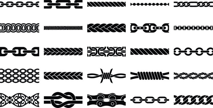 Chain and rope patterns seamless borders vector illustration set