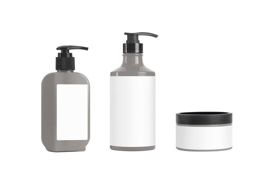 Realistic cosmetics product bottle, jar and plastic containers, pump bottle. Isolated 3d rendering mockup of cosmetic products. Shampoo, shower gel, hair care and face care jar cream.