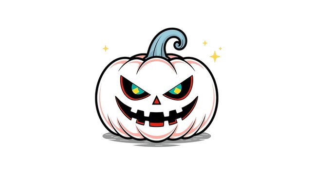 A spooky white halloween pumpkin with a scary glowing face and green eyes isolated