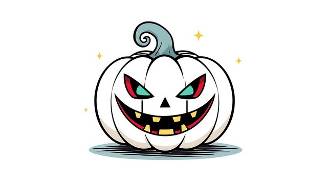 A spooky white halloween pumpkin with a scary clown face and glowing colorful eyes