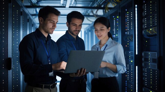 Pro team inspects server equipment in modern data center. Two male engineers, female technician use laptop to check secure network hardware. Diverse specialists analyze cloud storage connectivity,