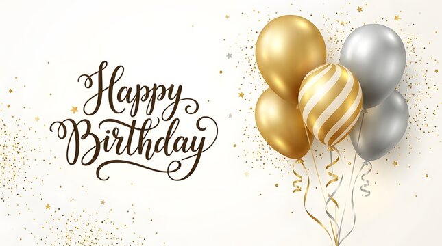 Elegant happy birthday greeting card design featuring gold and silver balloons with festive confetti on a clean white background backdrop