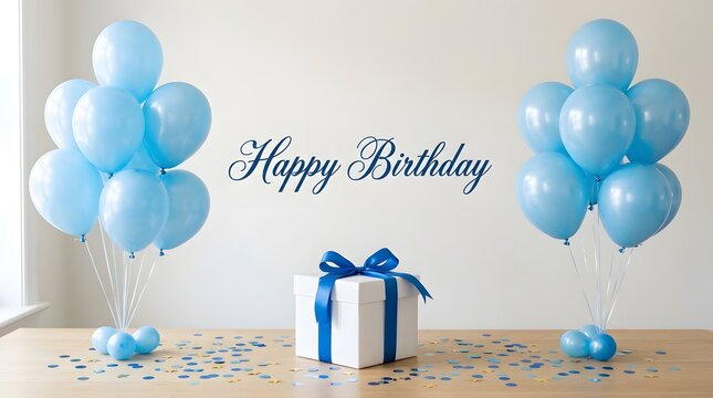 A festive happy birthday celebration scene featuring bright blue balloons and a beautifully wrapped gift box on a wooden table