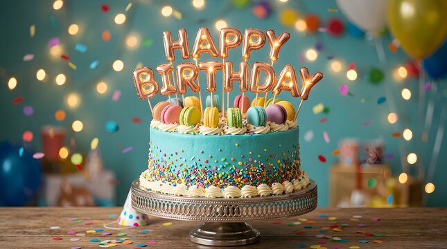A beautiful blue frosted cake with a gold happy birthday topper glowing with festive fairy lights in a celebratory background