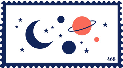 Cosmic Stamp Design: Crescent Moon, Planets, Stars, Outer Space Illustration © NANI