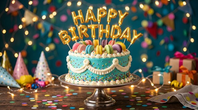 A beautiful decorated cake with a gold happy birthday topper sitting on a table with colorful party hats and lights