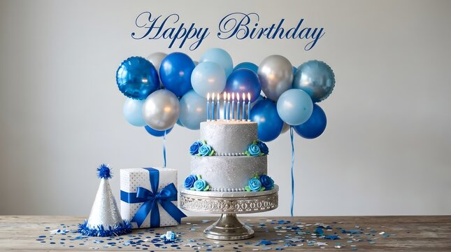 A festive happy birthday celebration setup featuring a delicious cake with lit candles surrounded by blue balloons and party decorations