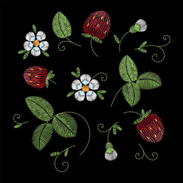 Embroidered strawberry flowers leaves pattern set. Traditional folk art needlework style floral botanical design. Clothing printing towel bags covers cases textiles packaging branding. Black 