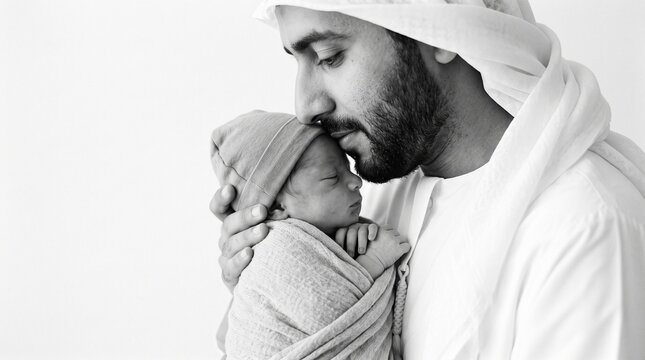 Tender Father Kissing Newborn Baby on the Forehead Intimate Black and White Portrait Celebrating Deep Family Love Protection Parenthood and Emotional Connection