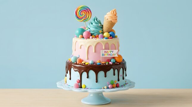 A delicious multi layered happy birthday cake decorated with chocolate drip and colorful sweets on a light blue background surface