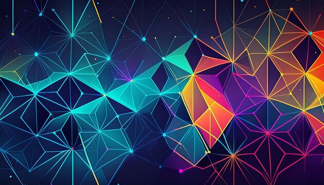 abstract geometric background with colorful polygons and dots in dark blue and neon colors