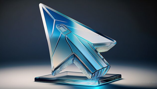clear glass computer mouse cursor arrow shape crystal sculpture with computer technology internet mousepad interface transparent navigation computing software abstract geometric sculpture