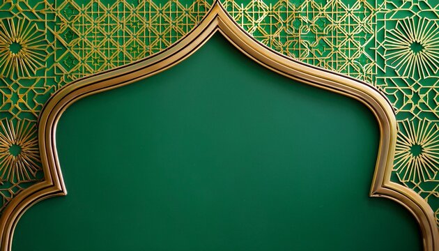 islamic geometric pattern border in green and gold with copy space