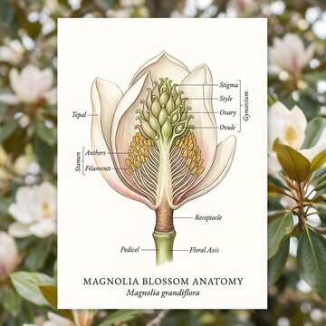 Magnolia blossom anatomy illustrates the internal structure of a flower with botanical labels.