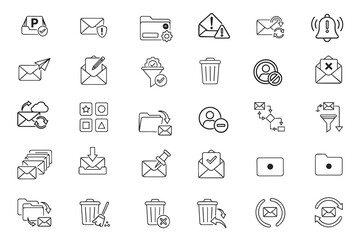 Fototapeta premium A set of 30 black line art icons on a white background, designed to represent email management, file/folder organization and management, server and network systems, user management, and data analysis.