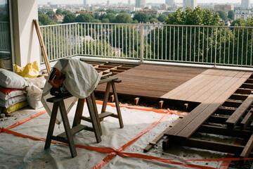 Obraz premium Builder constructs new wooden terrace on city balcony. Carpenter installs brown timber deck floor planks outdoors. Home renovation project with modern materials, manual tools on house rooftop.
