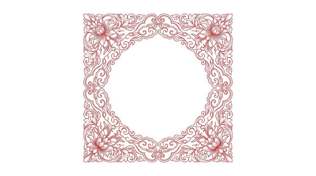 Traditional vietnamese floral pattern frame with lotus flowers and stylized clouds, intricate red line art design isolated on transparent background