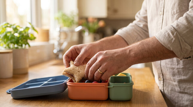 Parent's hands packing a child's school lunch box &mdash; everyday parenting and morning routine concept.