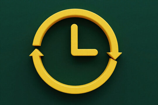 Yellow clock icon represents twenty four hours service on dark green background. Three dimensional render shows cyclic arrow sign for continuous support open store business. Minimalist round symbol