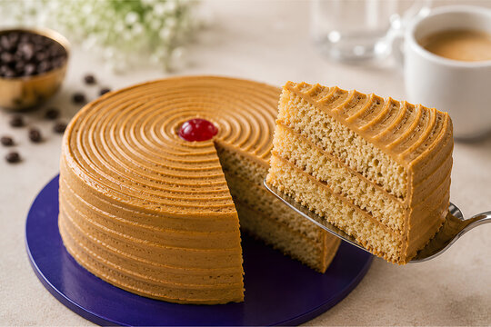 Hyderabadi Coffee Cake with Slice Served and Espresso Setup