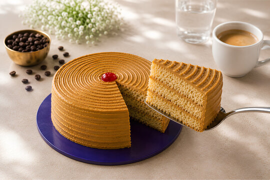 Hyderabadi Coffee Cake with Slice Served and Espresso Setup