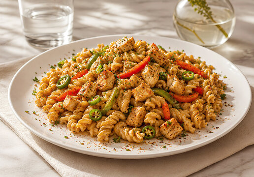 Spicy Chicken Fusilli Pasta with Peppers and Herbs