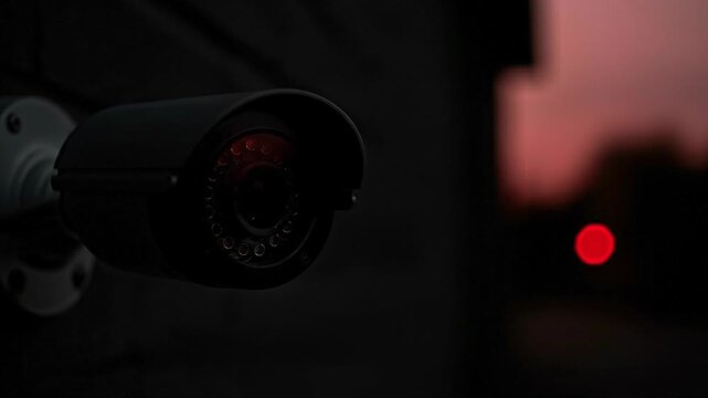 Night vision camera shows infrared LED array pulsing red light at dusk