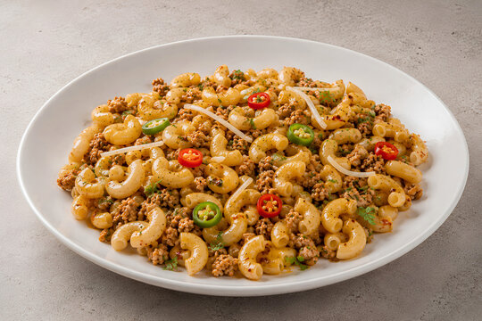 Spicy Minced Meat Macaroni Pasta with Chili and Herbs