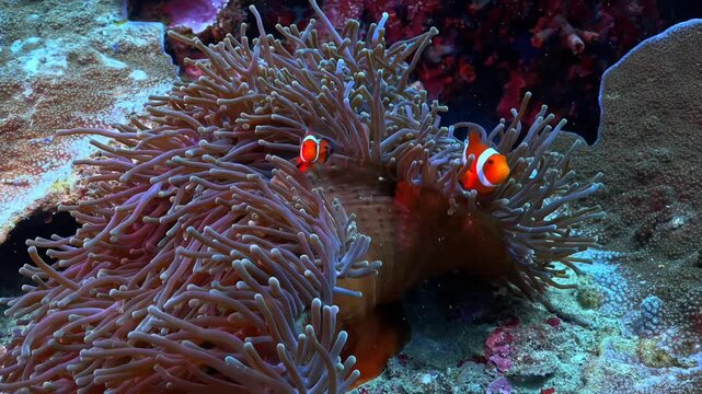 Cute orange clownfish hiding and swimming in a sea anemone