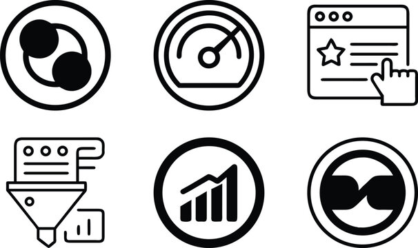Linear icons collection showing data connection speed monitoring website rating system funnel conversion statistics graph and user account settings.