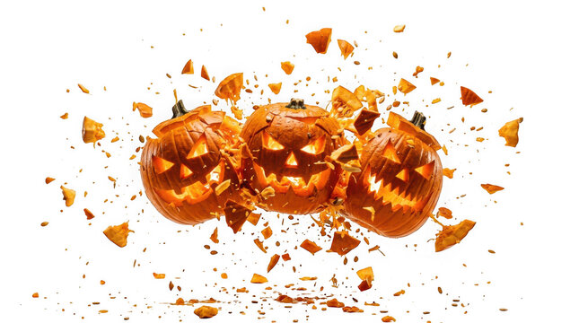 Three glowing jackolanterns exploding into pieces isolated on transparent background