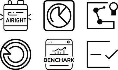 Set of 6 business and finance related linear icons including air right, pie chart, connected devices, refresh, benchmark and checklist. © MDTANVIR