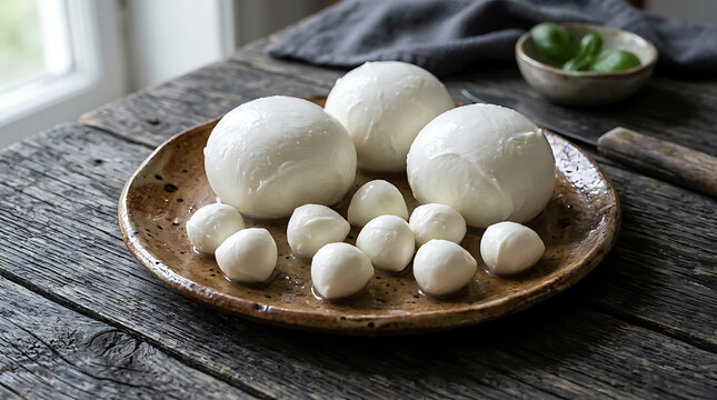 Fresh mozzarella cheese balls of various sizes arranged on a rustic brown ceramic plate placed on a dark weathered wooden table surface