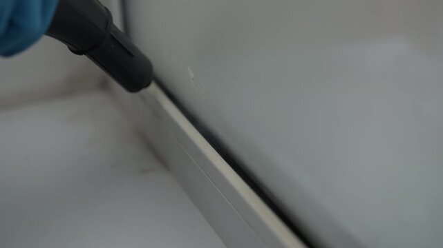 Cleaning company worker using hot steam generator to remove dirt and mold from plastic window frame, followed by wiping surface with pink microfiber cloth for thorough clean. Shooting in slow motion.