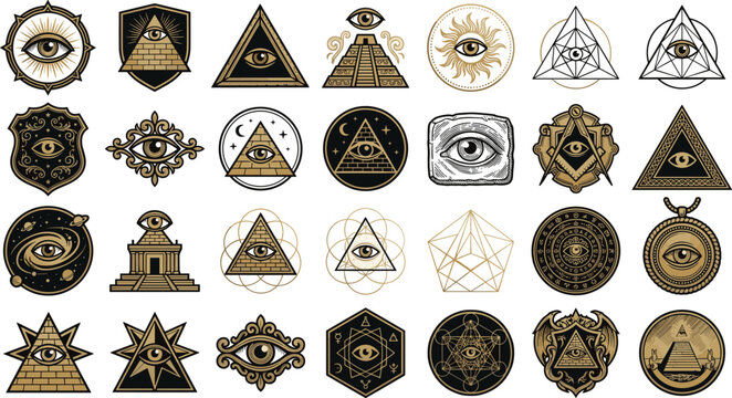 All Seeing Eye Providence Vector Icon Set Featuring Sacred Geometry Pyramid Masonic and Esoteric Symbols