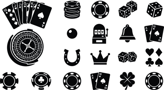 Casino and Gambling Vector Icon Set Featuring Playing Cards Poker Chips Roulette Wheel Slot Machine and Lucky Symbols