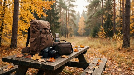 Naklejka premium Brown backpack with camera bag, metal thermos sit on rustic wooden picnic table in autumn forest. Orange foliage covers ground near trees. Travel gear stays on bench during fall hike. Active