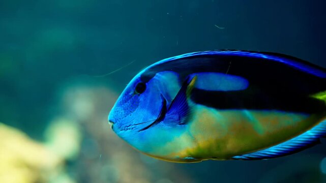 Vibrant blue tang fish swimming close-up in the ocean