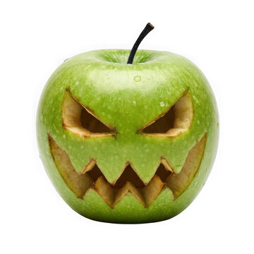 Green apple carved into a spooky halloween jackolantern face isolated on transparent background