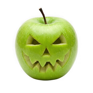 Green apple carved with a scary jackolantern face isolated on transparent background