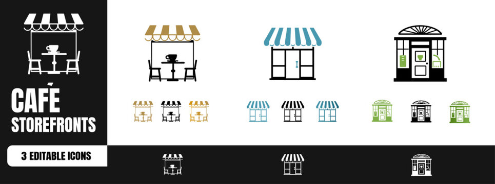 Coffee Shop Storefront Icon Set. Editable Vector Icons for Cafe Facade, Shop Front and Store Exterior