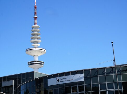 Front entrance of the Congress Center Hamburg (Hamburg Messe und Congress building) with the Heinrich Hertz Tower in the background