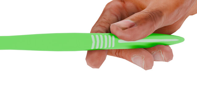 Hand holding green toothbrush isolated cutout