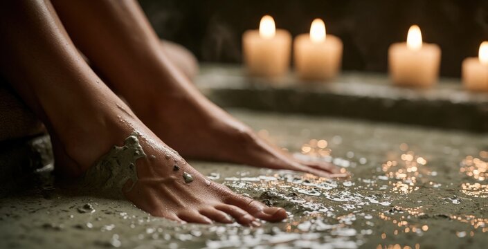 Woman enjoys therapeutic mud bath with candle light. Feet submerged in warm clay mixture for skin care and deep relaxation treatment. Detoxifying spa ritual for body refreshment.