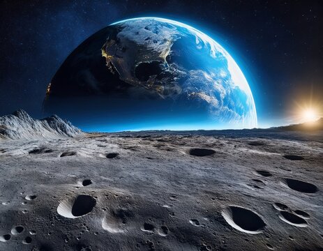 earthrise from the moon spectacular lunar landscape and blue planet view in space