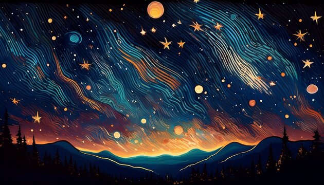 starry night deep dark sky with drops of stars drawn by hand