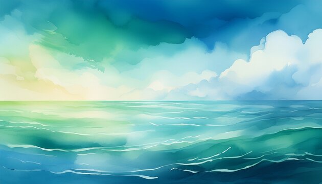 light sea blue green sky gradient watercolor background with clouds texture seaside landscape watercolor effect soft colors cloud formations serene waters
