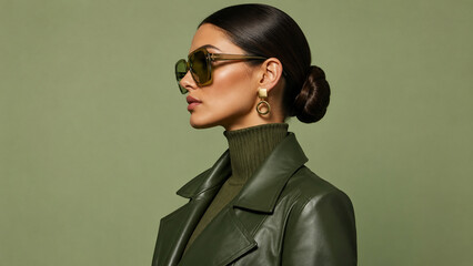 Obraz premium Woman in a dark green leather jacket and matching sunglasses. Ideal for fashion editorials, eyewear campaigns, luxury branding, beauty ads and posters.