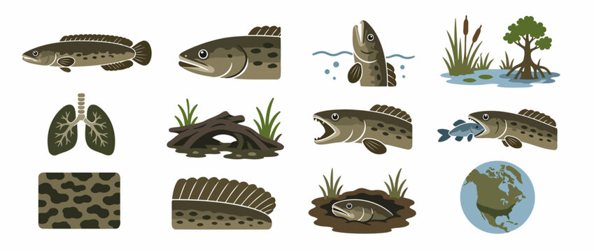 Diverse fish and amphibian species illustration collection.